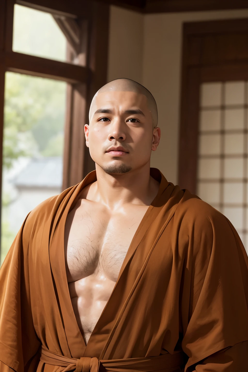 A man wearing a brown robe、monk、face、facing forward、skin head、Muscle and Fat、Properly dressed、Upper body