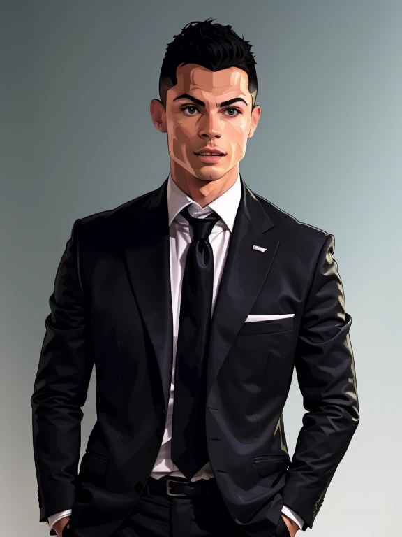 a man in costume and tie standing in front of a gray background, soccer player Cristiano Ronaldo, Cristiano Ronaldo, portrait of Cristiano Ronaldo, in costume, dressed in costume, Cristiano Ronaldo as batman, He is dressed in a suit, in a black suit, in a business suit, wear casual black suits, in a black suit, in a formal suit