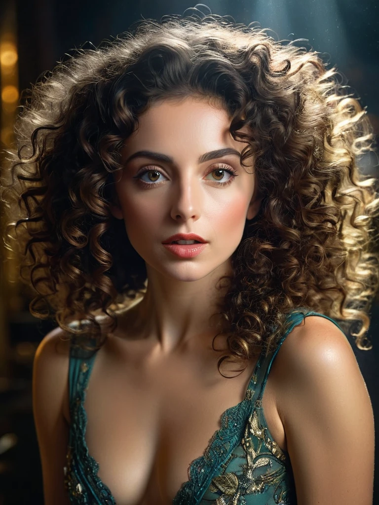 Center,

Half Body of 

A passionately exciting [Woman:Maude Adams:0.1],  

Dark curly Hair,

Half Body,

, ultra-detailed, film photography, light leaks, Larry Bud Melman, trending on artstation, sharp focus, studio photo, intricate details, highly detailed, by greg rutkowski