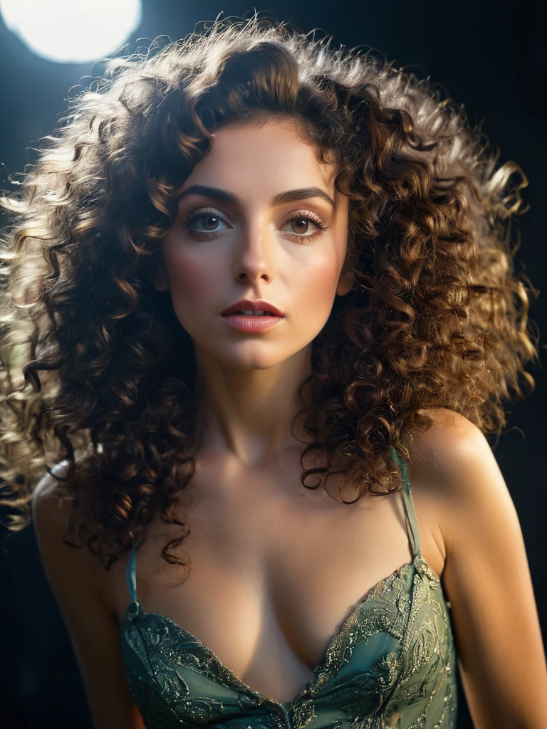 Center,

Half Body of 

A passionately exciting [Woman:Maude Adams:0.1],  

Dark curly Hair,

Half Body,

, ultra-detailed, film photography, light leaks, Larry Bud Melman, trending on artstation, sharp focus, studio photo, intricate details, highly detailed, by greg rutkowski