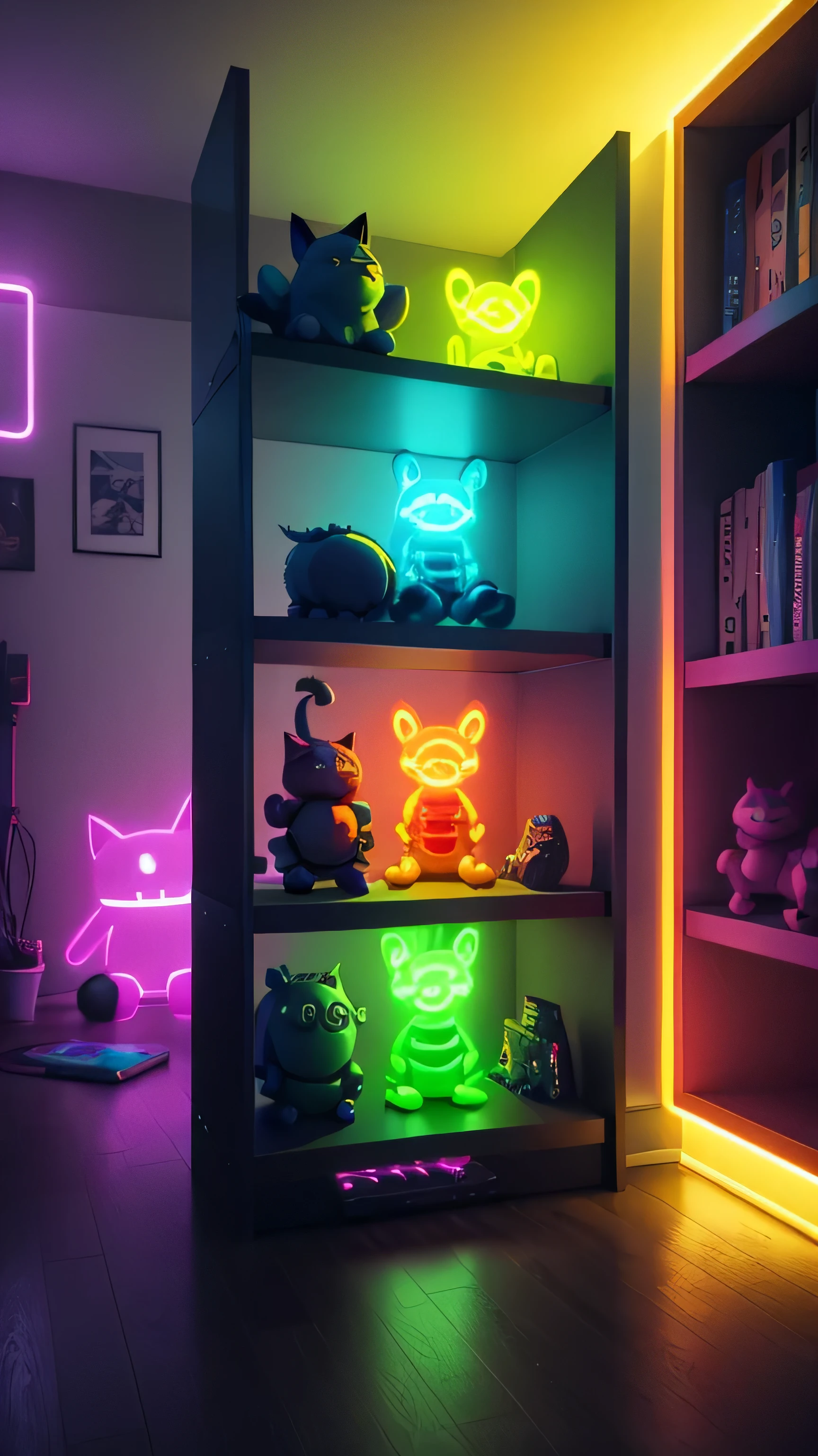 Monsters toy shelf with neon light, toy cat, toy robot, 8k