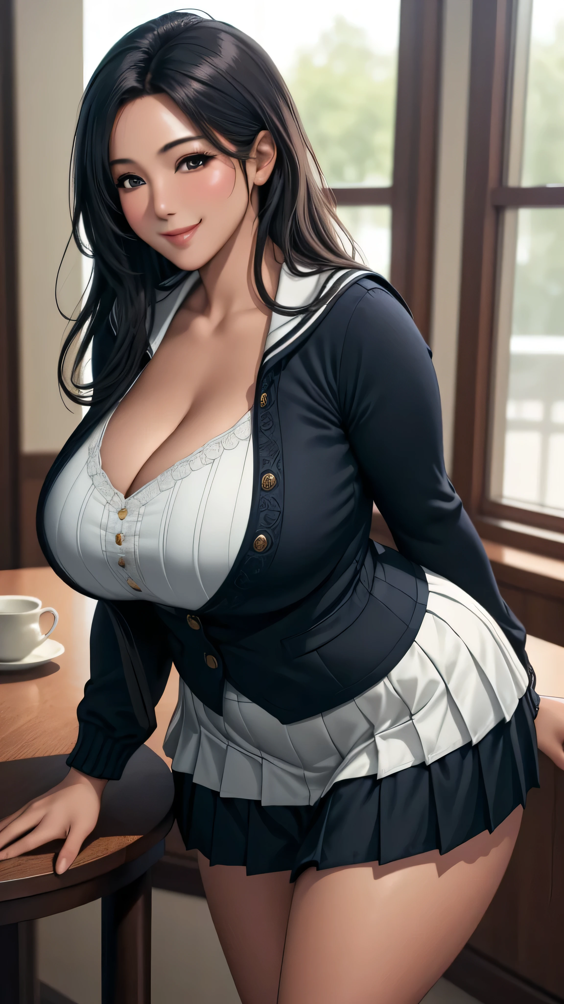 (8K, highest quality, table top:1.4), (intricate details:1.3), (realistic), (super detailed), 1 girl, alone, (married woman、40 generations)、Beautiful woman、mature woman, (Sensual smile:1.35), Front view, (leaning forward:1.2), show cleavage, looking at the viewer, tropical resort, detailed long hair, (fluffy long black hair), fine eyes,, hourglass body shape, (Sensual curvy body:1.1), (huge breasts), thick thighs, wide hips, small waist、( uniform),(sexy sailor suit ),(pleated mini skirt)、realistic lighting, natural soft light, dynamic lighting
