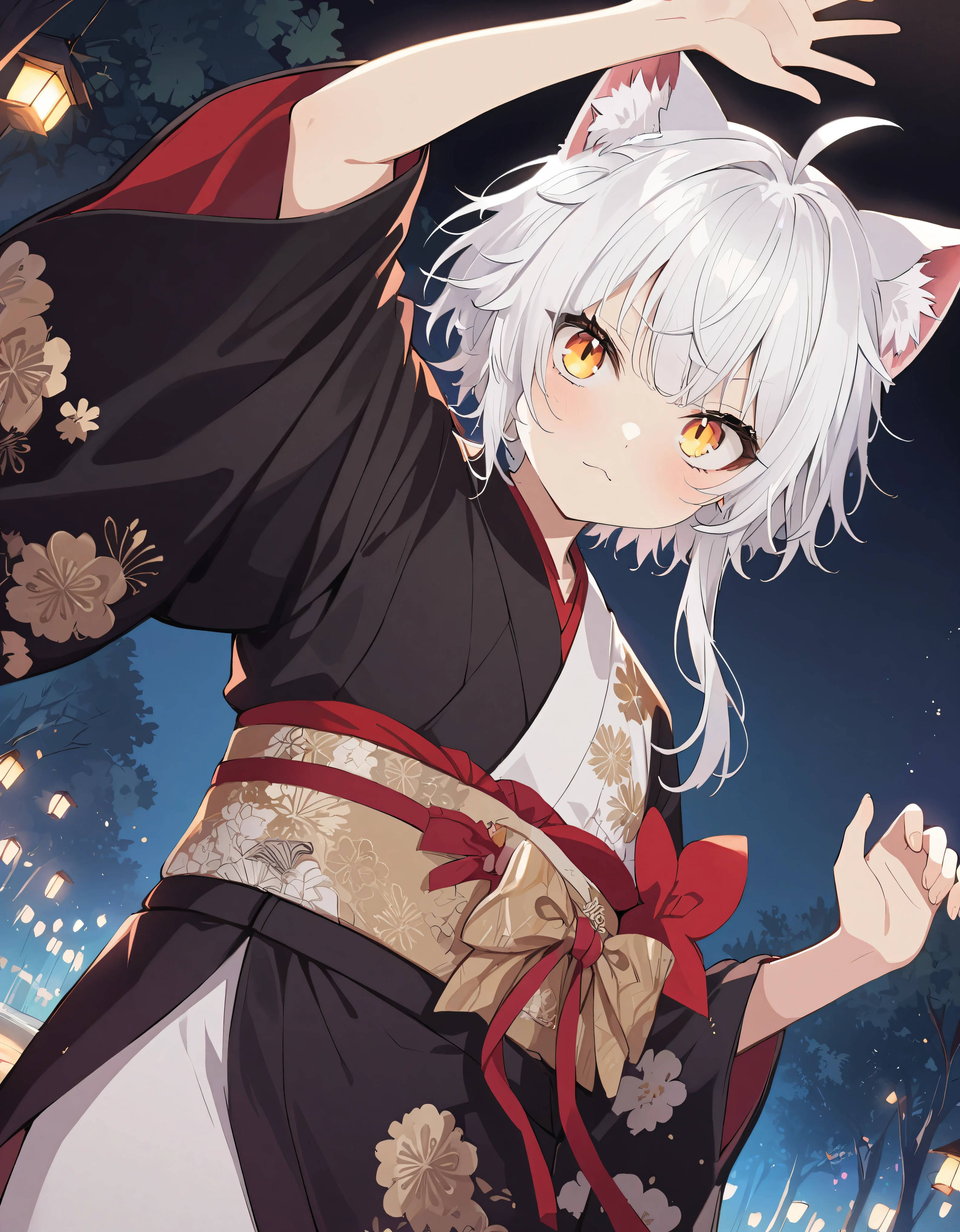 (highest quality,masterpiece,High resolution,detailed),(Shining eyes,detailed beautiful face), BREAK,androgynous,1boy,cat_boy,(animal ears),((red lapel)),(balck half_kimono),((white half_kimono)),(black kimono),(white kimono),red lapel,dark long sleeves,short hair,golden eyes,glowing eyes,yellow eyes,slit pupils,cold gaze,dot nose,(white hair),((short hair with long locks)),(bangs),(ahoge),sash,obi,floral print,((beautiful hands)),dynamic pose,solo,alone, red eyes, Orange eyes,, BREAK,beautiful anime、dynamic angle,illustration, beautiful and clear background, (depth of field:0.7),(((dynamic pose))),dynamic angle, (moon light:0.6), tree,summer,night,((colorful)),