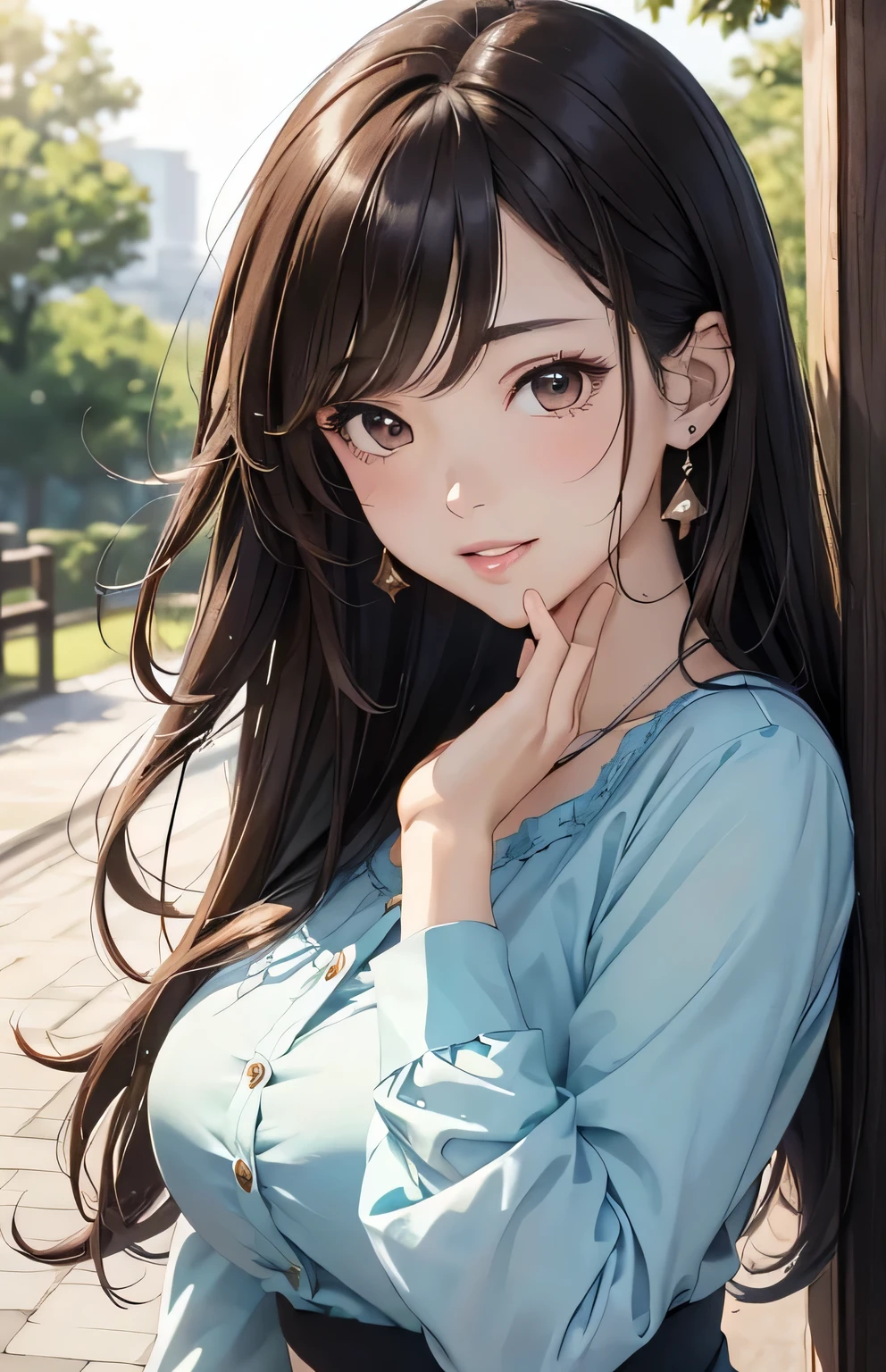masterpiece、highest quality、High resolution, outdoor, ((outdoor park)), High quality images、8K, 1 female、skin luster、Texture of skin and clothing、Expression of fine eyes、shiny hair, long brown hair girl, Manga inspired by Lee Jong-suk, trending on deviantart, realism, detailed manga style, manga art style, perfect line drawing, beautiful line drawing, digital manga art girl, K-POPアイドル, fine brown eyes, plump lips, Detailed gorgeous face, (cute smile), fascinating, innocent, Side view, (perfectly detailed face), (fine hands) photorealistic images, Depth of the bounds written, Japanese princess cut hairstyle, ((Best Sunday Dresses, blouse)), tight waist