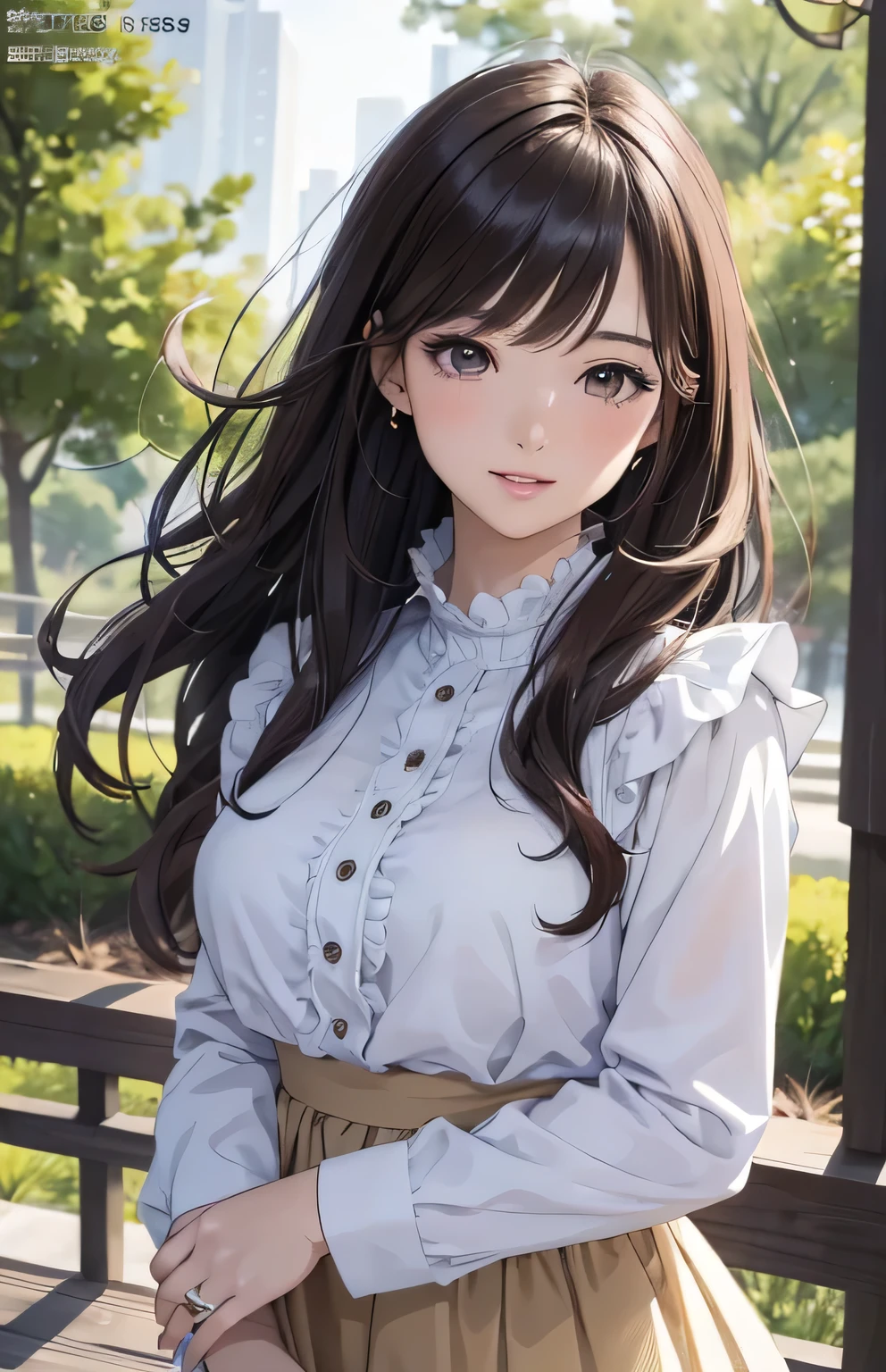 masterpiece、highest quality、High resolution, outdoor, ((outdoor park)), High quality images、8K, 1 female、skin luster、Texture of skin and clothing、Expression of fine eyes、shiny hair, long brown hair girl, Manga inspired by Lee Jong-suk, trending on deviantart, realism, detailed manga style, manga art style, perfect line drawing, beautiful line drawing, digital manga art girl, K-POPアイドル, fine brown eyes, plump lips, Detailed gorgeous face, (cute smile), fascinating, innocent, Side view, (perfectly detailed face), (fine hands) photorealistic images, Depth of the bounds written, Japanese princess cut hairstyle, ((Best Sunday Dresses, blouse)), tight waist