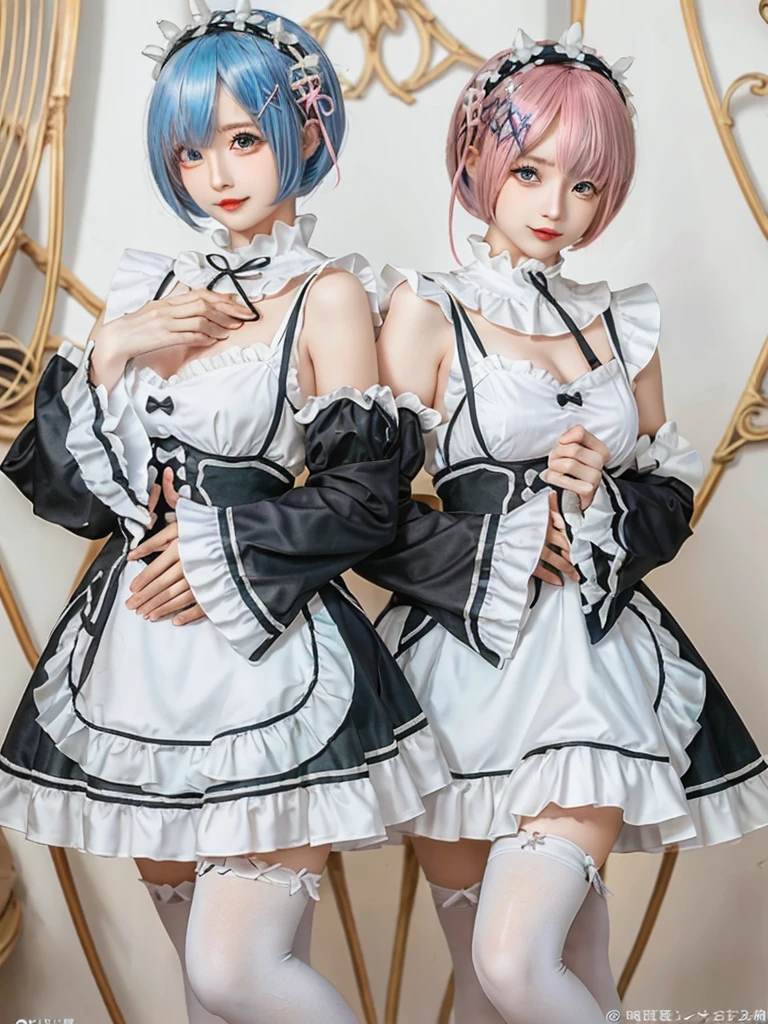 (8K, Photorealistic, Raw photo, of the highest quality: 1.3), (1girl in), Super beautiful, (Realistic face), (boyish, pink Color Berry Shorthair), Beautiful , Glare that captivates the viewer, Beautiful expression, Beautiful breasts, (Realistic skin), Be...Create a detailed and colorful image of Ram and Rem from Re:Zero, standing back-to-back in their maid outfits, with a magical fantasy background、ars old, two girls,cute, perfect face, beautiful, nice body, gothic lolita clothes, gothic lolita fashion, frilly skirt, headdress, necklace, bracelet, knee-high socks, boots, double eyelids, tear bags, Detailed down to the fingers, photo-like description, indoors, dim indoor lighting, one girl is pink hair and short bob, another girl is light blue hair and short bob,standing, sexy posing,whole body, composition that shows the whole body, smiling,The Both of them are wearing the same type of maid outfit,Optimal ratio of 4 fingers and 1 thumb,arms crossed