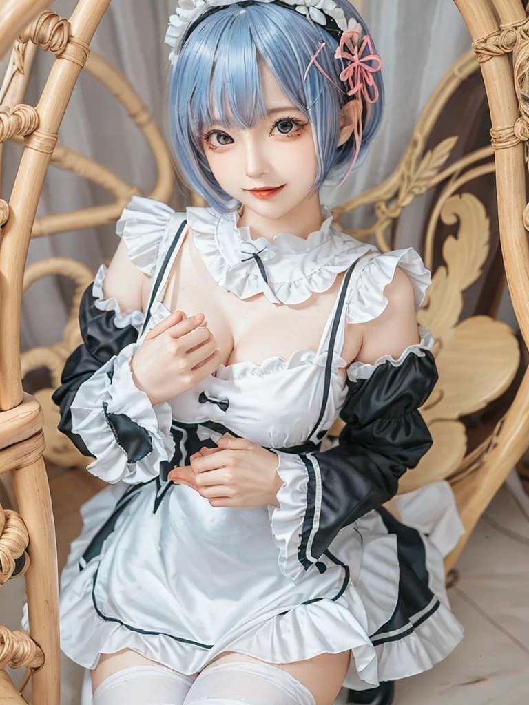 (8K, Photorealistic, Raw photo, of the highest quality: 1.3), (1girl in), Super beautiful, (Realistic face), (boyish, pink Color Berry Shorthair), Beautiful , Glare that captivates the viewer, Beautiful expression, Beautiful breasts, (Realistic skin), Be...Create a detailed and colorful image of Ram and Rem from Re:Zero, standing back-to-back in their maid outfits, with a magical fantasy background、14years old, two girls,cute, perfect face, beautiful, nice body, gothic lolita clothes, gothic lolita fashion, frilly skirt, headdress, necklace, bracelet, knee-high socks, boots, double eyelids, tear bags, Detailed down to the fingers, photo-like description, indoors, dim indoor lighting, one girl is pink hair and short bob, another girl is light blue hair and short bob,standing, sexy posing,whole body, composition that shows the whole body, smiling,The Both of them are wearing the same type of maid outfit,Optimal ratio of 4 fingers and 1 thumb,arms crossed