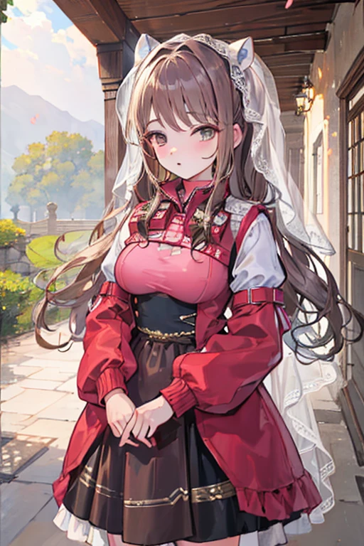 Italian girl, 25 years old, long brown hair, dressed as a wedding