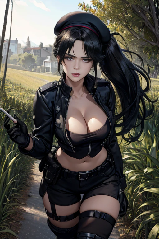 19 years old, (milf:0.8), (solo:1.5), (sfw:1.25), sexy breast, beautiful breasts, (medium tits:0.8), thin waist, big ass:1.0, Raised sexy, (black beret,black military jacket, open clothes, cleavage, midriff, black shorts, black thighhighs, thigh strap, fingerless gloves, single glove:1.2), blue eyes, light smile, big , Revimpling fabric, earrings, Hand gloves, detailed face,(hold a cigarette:1.1),long hair,side ponytail,hair between eyes,bangs,detailed and beautiful eyes,beautiful detailed lips,Rolling her eyes,manner,hair over one eye, (ultra high resolution, 8K RAW photo, photo realistics, thin outline:1.3, clear focus), best qualtiy, natural lighting, textile shading, field depth, (Bright pupils, fine detailed beautiful eyes with highlight:1.3, high detailed face), Red lip, fine realistic skins:1.1, looking down viewers:1.3, (dynamic angle:1.3, front view:1.1, breast focus:1.3, from above:1.2), (dynamic posing:1.5, sexy posing:1.2),Youghal, side lock, hair ornaments,nice,garden background,artistic rendering,Super detailed,(highest quality,4k,8K,High resolution,masterpiece:1.2),Bright colors,studio lighting ,at military base in usa