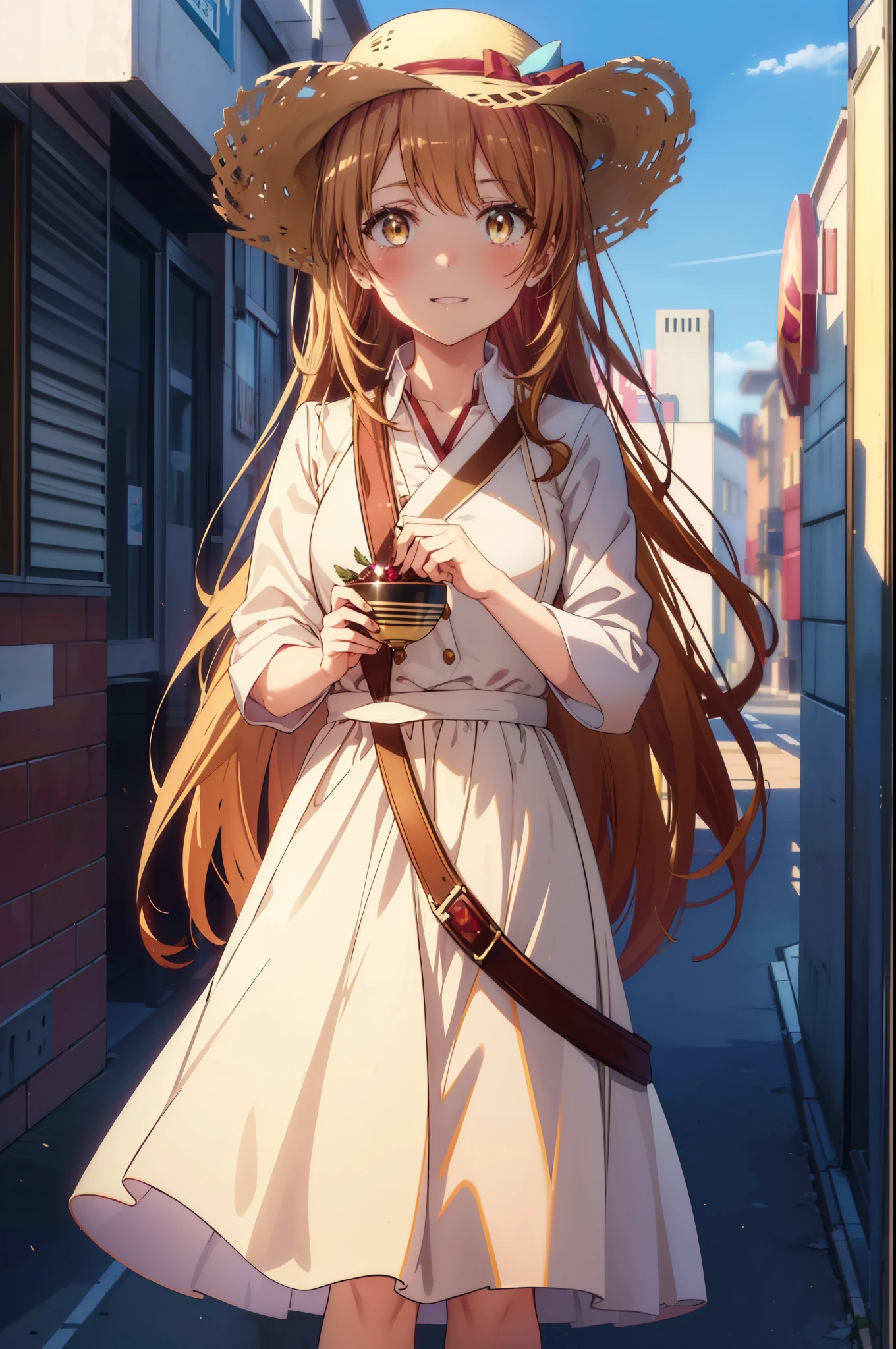 irohaisshiki, Isshiki Iroha, long hair, light brown hair, (Brown ruby eyes:1.5), White long skirt integrated dress,Cute Sandals,straw hat,happy smile, smile, open your mouth,daytime,Clear skies,looking down from top to bottom,whole bodyがイラストに入るように,
break outdoors ,building street,In town,
break looking at viewer,whole body,(cowboy shot:1. 1)
break (masterpiece:1.2), highest quality, High resolution, unity 8k wallpaper, (shape:0.8), (beautiful and detailed eyes:1.6), highly detailed face, perfect lighting, Very detailed CG, (perfect hands, perfect anatomy),