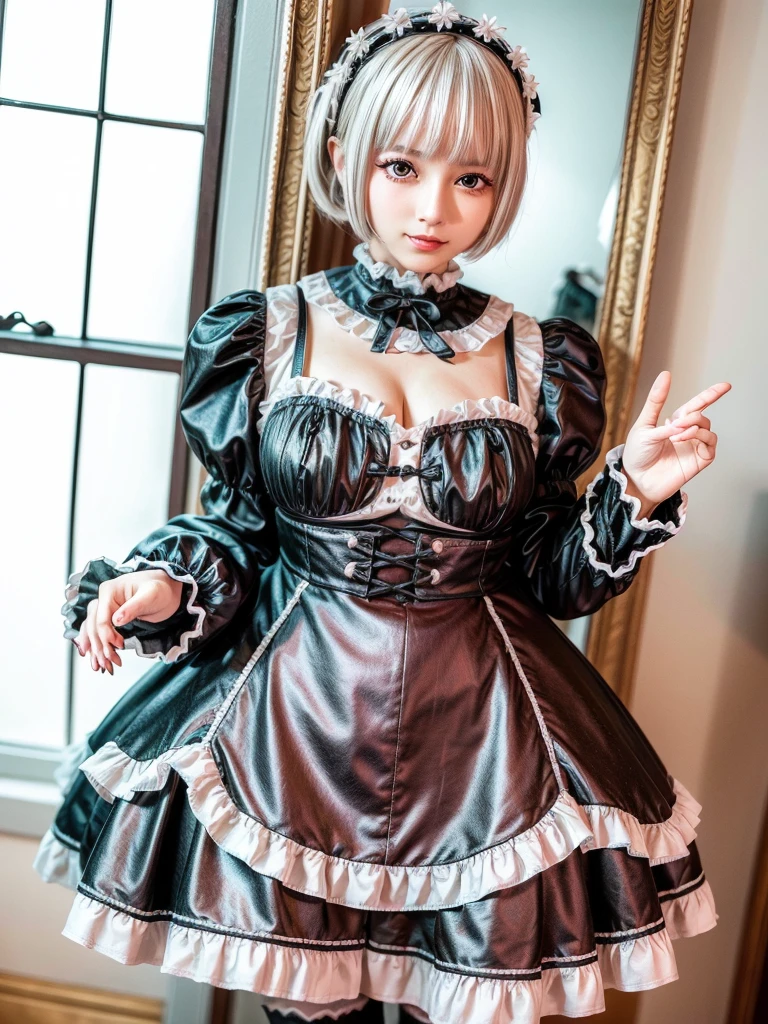 (8K, Photorealistic, Raw photo, of the highest quality: 1.3), (1girl in), Super beautiful, (Realistic face), (boyish, Silver Color Berry Shorthair), Beautiful , Glare that captivates the viewer, Beautiful expression, Beautiful breasts, (Realistic skin), Be...Super high quality, super high definition, super detailed, masterpiece, 20years old, female, cute, perfect face, beautiful, nice body, gothic lolita clothes, gothic lolita fashion, frilly skirt, headdress, necklace, bracelet, knee-high socks, boots, double eyelids, tear bags, Detailed down to the fingers, photo-like description, indoors, dim indoor lighting, big breasts, blonde hair, semi long, standing, whole body, composition that shows the whole body, smiling