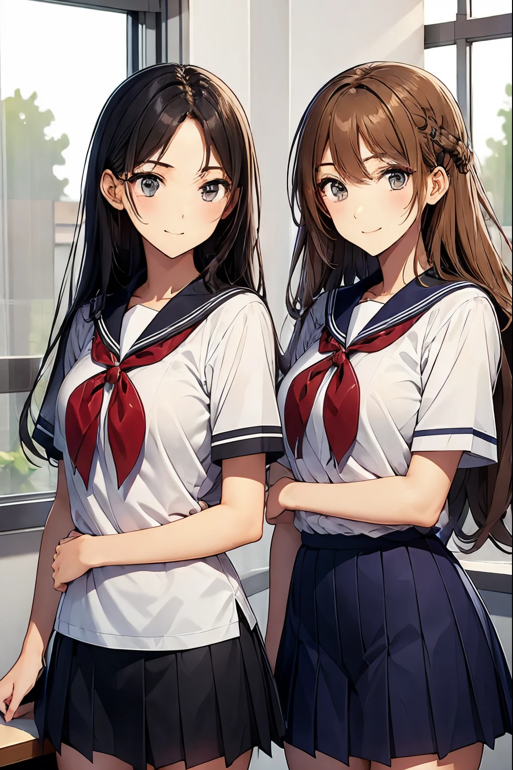 Two high school girls looking out the window in the classroom、seductive smile、