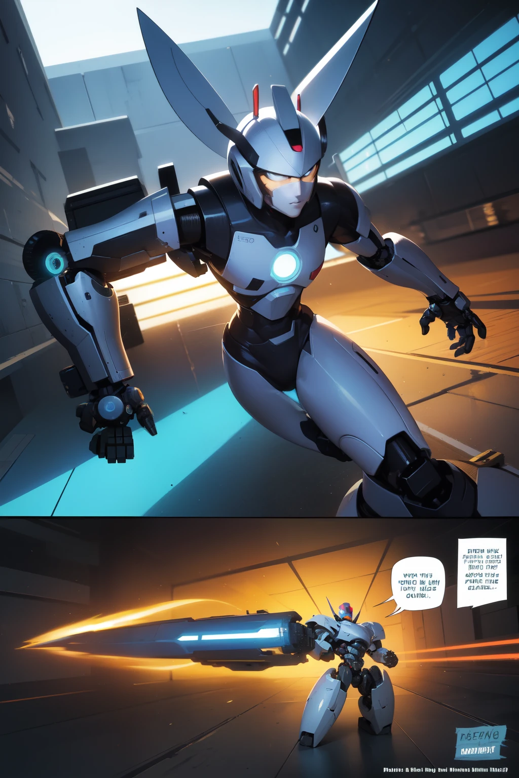 crea un comic de un superheroe derrotando a un robot con 8 paginas
