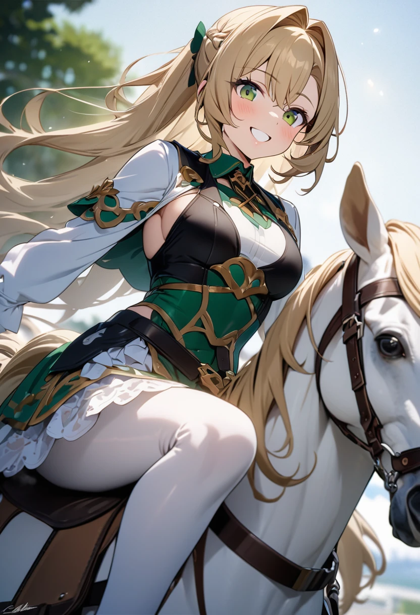 nsfw, 1 female fox, straight long white hair, green cloak, white skirt, riding on white horse,, ambient light, full body, masterpiece, high quality, high-details, best quality, 