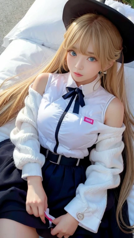 High school girl in white shirt、Sailor suit in cotton fabric、a dark night、During sexual activity、control、Shot from the top of the front、Sexual References、Face photography、Top image quality、background in a hotel、lying on the bed、large full breasts、inside in room、Arms up、Anime-style drawings、uneasy、blushed face、Shamefully、Blonde Bob Cut、Dark blue mini skirt、М字開脚、white  panties