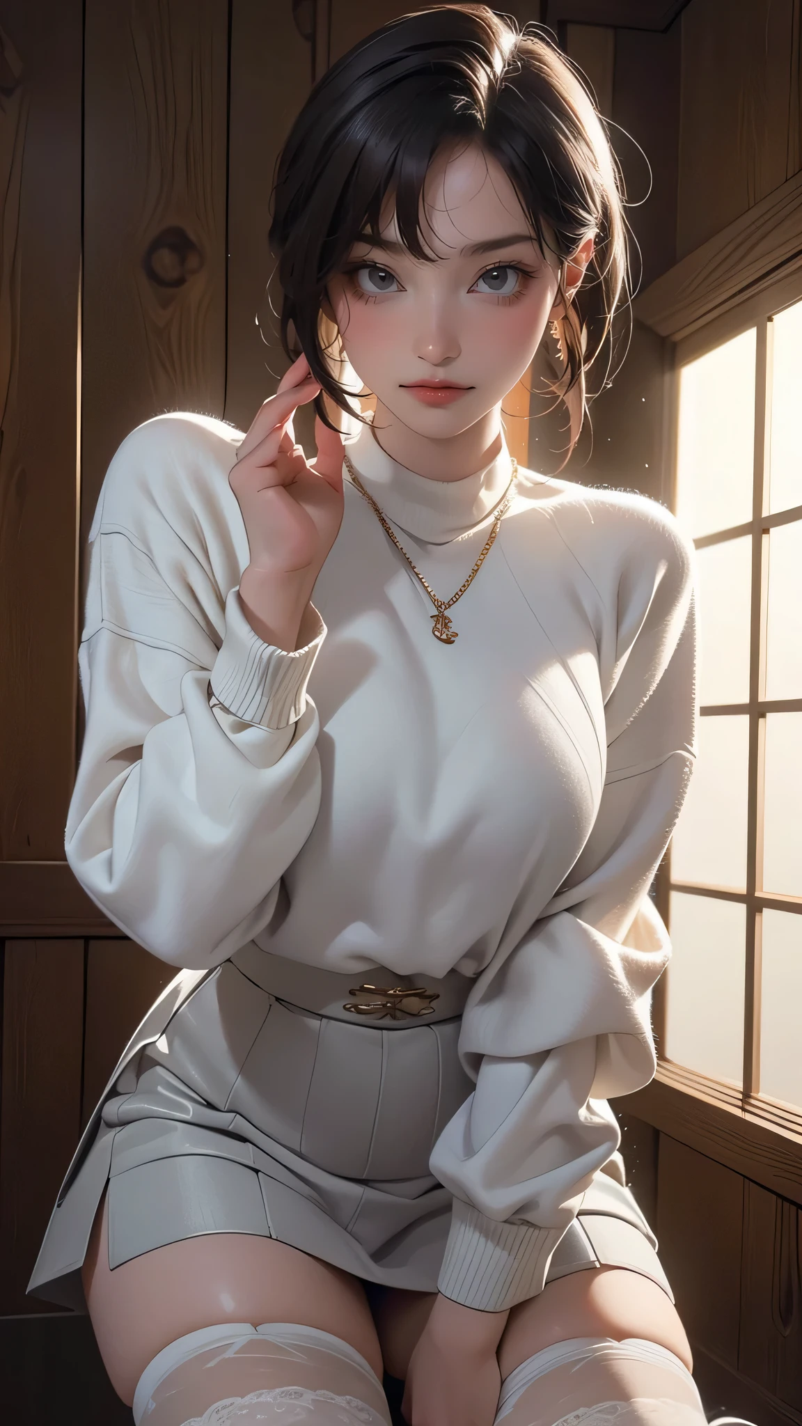 (random porn pose),(Highest image quality,(8k),ultra-realistic,best quality, high quality, high definition, high quality texture,high detail,beautiful detailed,fine detailed,extremely detailed cg,detailed texture,a realistic representation of the face,masterpiece,Sense of presence),sweater,tight mini skirt,stockings,Engineer boot