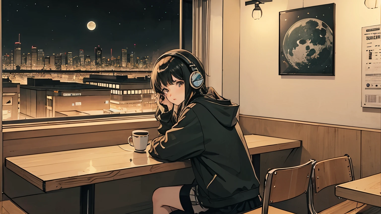 1 girl, 90s anime style, night, coffee shop, moon, Girl with headphones, late night カフェのカウンター席, listen to music alone, city pop, low quality, Lo-Fi, Chill, late night, Stylish cafe counter seats, dark room, futuristic night view outside the window, dark room