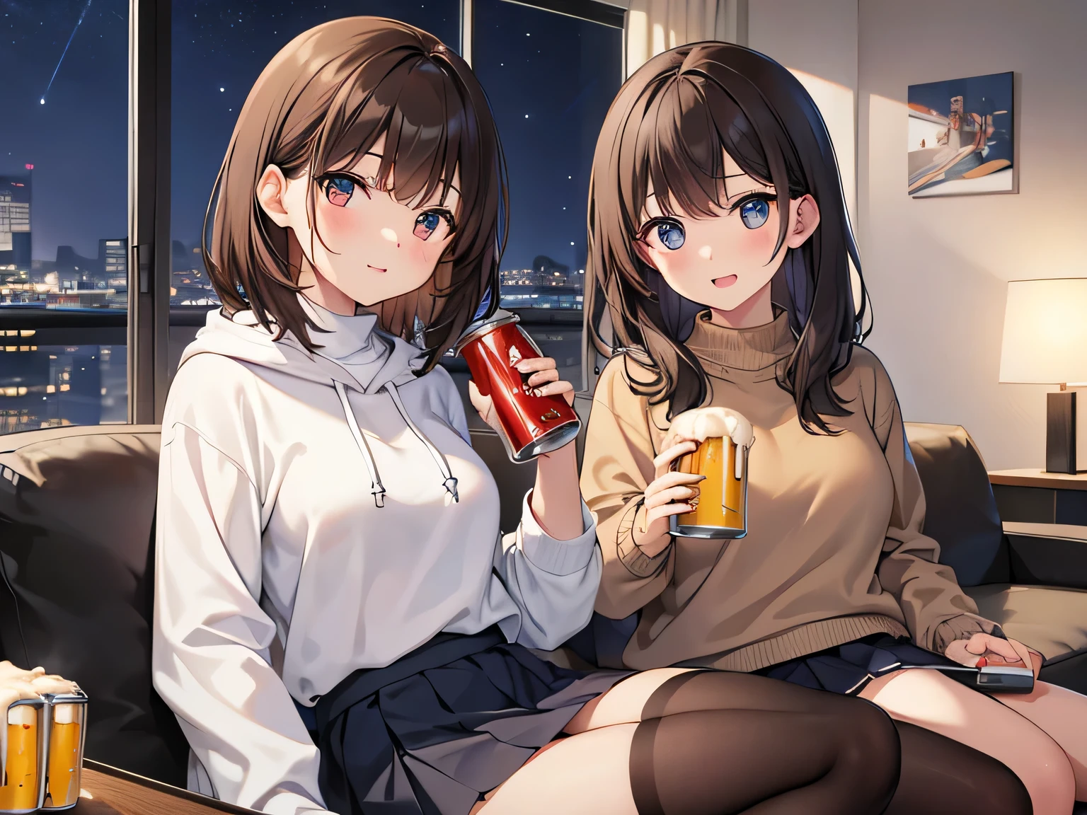 (Masterpiece, highest quality, high resolution, realistic photos, realistic looking skin:1.1),
(There are two women drunk: 1.5), 
(The first is wearing a hoodie and pleated skirt and has short brown hair: 1.8),
(The second is wearing a turtleneck long-sleeved knit and a denim miniskirt and has long brown hair and a mature face:1.8),
(They are both wearing black high socks:1.8),
(They are both holding cans of beer: 1.5),
(Location: apartment living room at night:1.5),
1 Japanese girl, full bodied esbian, beautiful eyes, glowing eyes, glowing thighs, NSFW