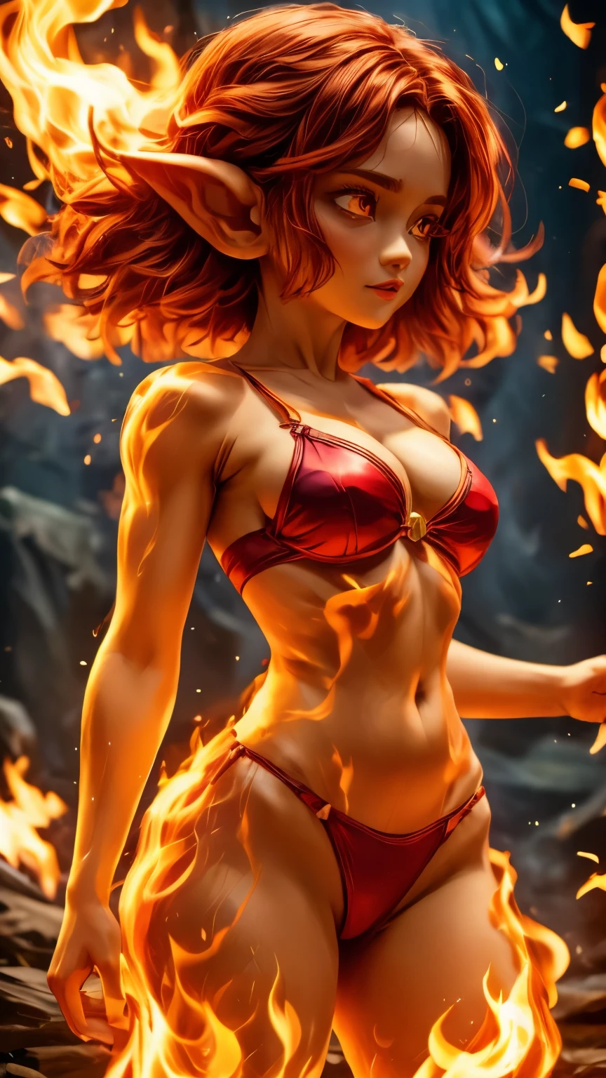 solo, 1girl, ((best quality)), ((masterpiece)), (detailed), 4k, very small goblin girl, bright red skin, pointy ears, fire hair, bright red eyes, on fire, wearing very ornate red bikini, posing