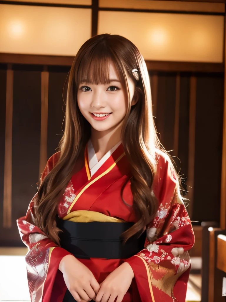 A beautiful Japanese shy girl, age 20 years old, light honey long hair, brown eyes, shiny lip, shiny hair and shiny body, big breasts, wearing red and black Japanese Kimono dress, in Japanese restaurant, light shine in, ecstatic expression, Photo with blurred background