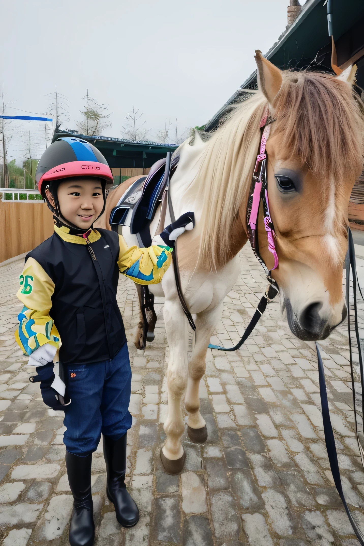 a girl,Chinese girl,Wearing equestrian clothing,There is a pony on the brick road, 👰 🏇 ❌ 🍃,The child pulls the reins,pony, horse riding, horse riding, a handsome guy, Ruan Jia and Brom, with children, horse riding, 🐎🍑。National Geographic Award-winning photos,real