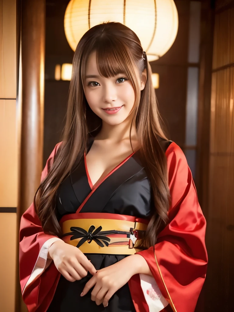 A beautiful Japanese shy girl, age 20 years old, light honey long hair, brown eyes, shiny lip, shiny hair and shiny body, big breasts, wearing red and black Japanese Kimono dress, in Japanese restaurant, light shine in, ecstatic expression, Photo with blurred background