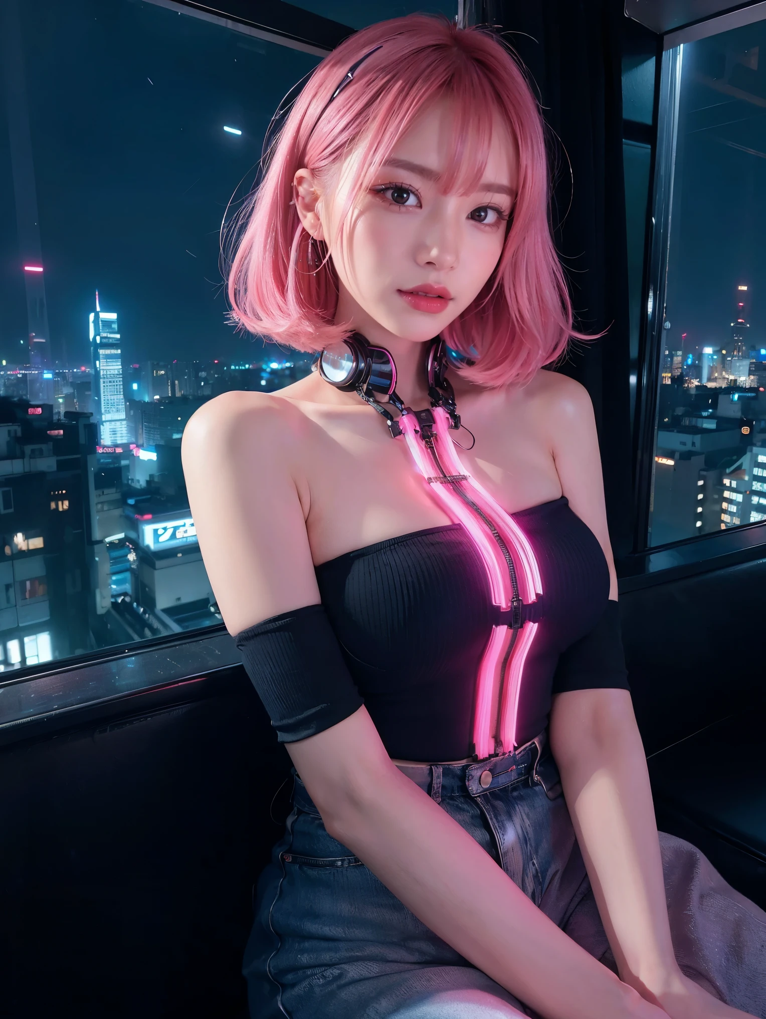 (Neon Pink Theme:1.2), masterpiece, highest quality, 4k, (realistic), Bokeh, enlightenment,(1 perfect portrait of a girl), (A fascinating eye for perfect detail:1.2), colorful hair, (gradient hair), (Neon pink soft hair:1.6), (Cat ear:1.2), fantasy background, (exposed bare shoulders), (Long-term alienation sleeve), (lean forward a little), head tilt, (movie lighting:1.2), oversized clothes, (seductive pose:1.4), (neon pink background:1.6), Blue beautiful eyes, close,