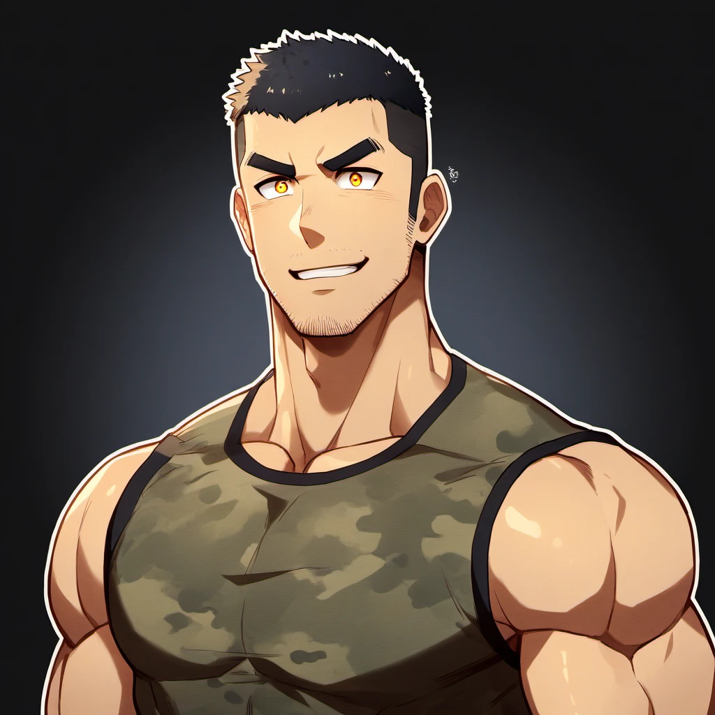 anime characters:Gyee, Fitness coach, 1 muscular tough guy, Manliness, male focus, Camouflage sleeveless T-shirt, Very tight, Slightly transparent, muscular male, muscular, only, Upper body, alone, Black short hair, Thick eyebrows, stubble, Yellow eyes, Black background, simple background, amazing quality, best aesthetics, Ridiculous, bright pupils, crew cut, parted lips, embarrassed, forced smile, drop shadow, best quality