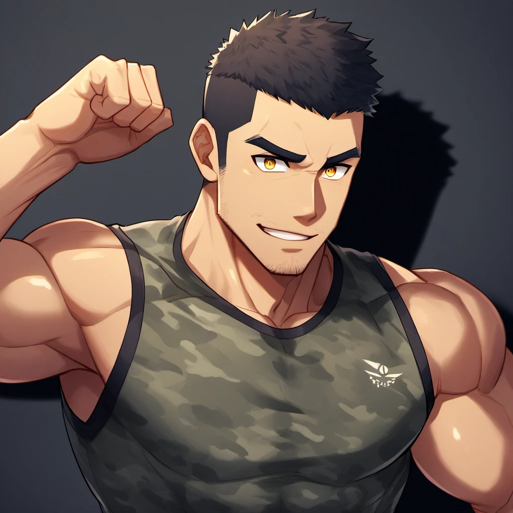 anime characters:Gyee, Fitness coach, 1 muscular tough guy, Manliness, male focus, Camouflage sleeveless T-shirt, Very tight, Slightly transparent, muscular male, muscular, only, Upper body, alone, Black short hair, Thick eyebrows, stubble, Yellow eyes, Black background, simple background, amazing quality, best aesthetics, Ridiculous, bright pupils, crew cut, parted lips, embarrassed, forced smile, drop shadow, best quality