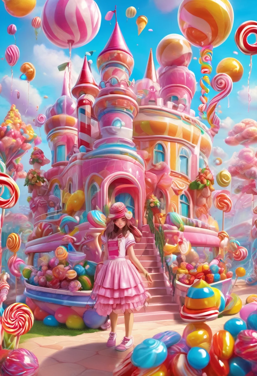 1girl, Candyland, aesthetic, (best quality, highres), ultra-detailed, (realistic:1.37), vibrant colors, candy-themed, dreamlike, enchanting, whimsical, sunlit, joyful, playful, sugary attire, magical, enticing aroma, candy castle, candy river, cotton candy clouds, lollipops, candy cane columns, sugar sculptures, gumdrop boats, candy fish, vibrant flowers, cheerful musicians
