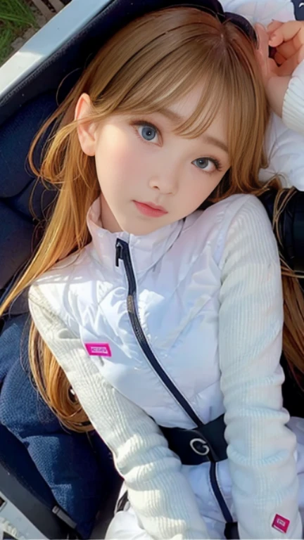 bright look、photorealism、full body painting、highest quality、超A high resolution、picture、北欧生まれの非常にbeautiful少女の写真、extraordinary beautiful girl、可愛くてbeautiful顔の詳細、(Pueros face_V1:0.008)、beautiful bangs、alice in wonderland、、Radiant, fair, glowing skin、facial hair、Bangs that extend to the face、bangs between eyes、super long hair、Glamorous bright natural platinum blonde super long straight silky hair、high resolution eyes、beautiful, Bright and clear, Big light blue eyes shine charmingly、(white astrovest):10、eyeliner、double eyelid、rich bust、Going to bed、lie on your back、sprawl、sleep on your side、lying on one&#39;s back