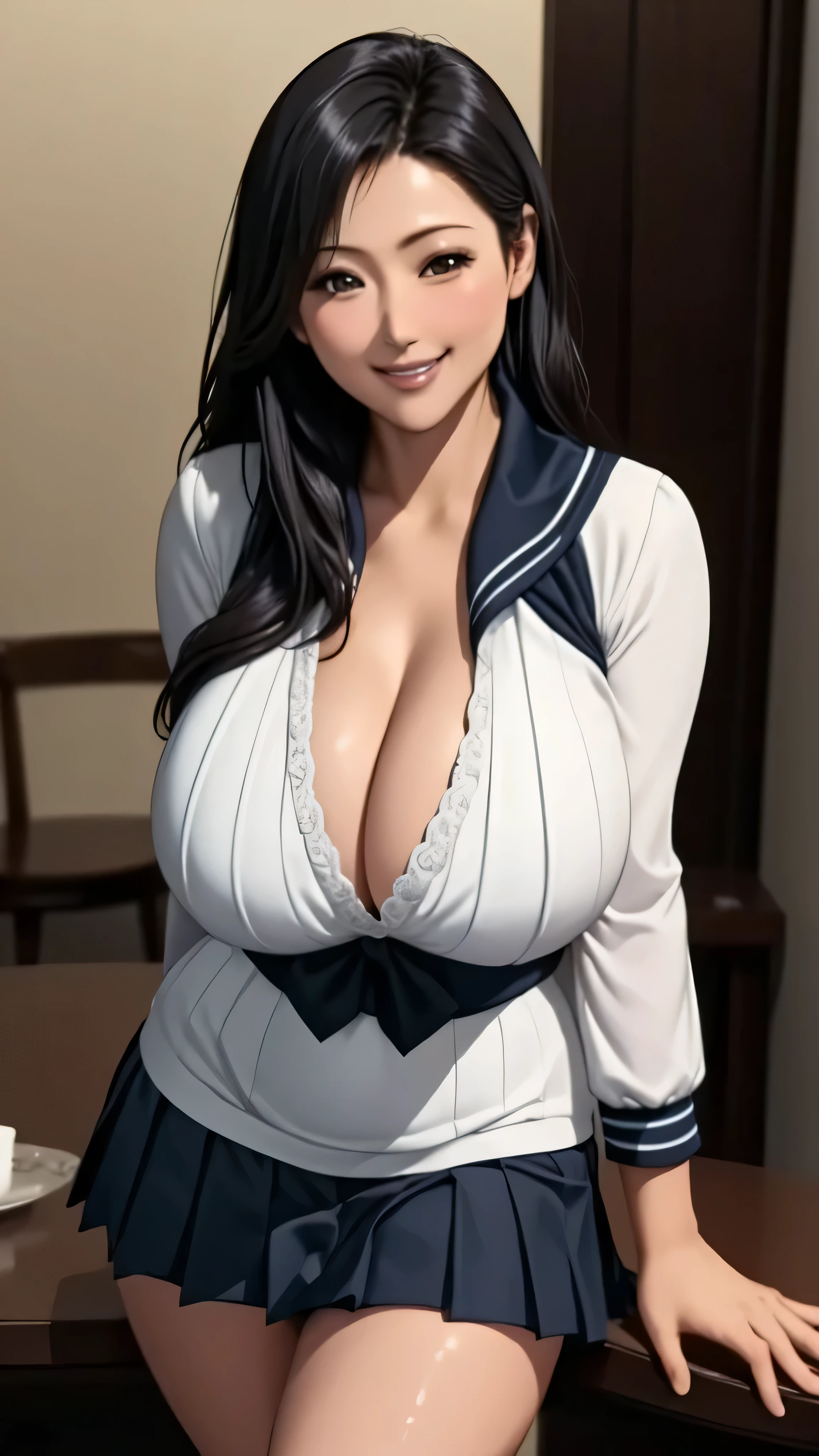 (8K, highest quality, table top:1.4), (intricate details:1.3), (realistic), (super detailed), 1 girl, alone, (married woman、40 generations)、Beautiful woman、mature woman, (Sensual smile:1.35), Front view, (leaning forward:1.2), show cleavage, looking at the viewer, tropical resort, detailed long hair, (fluffy long black hair), fine eyes,, hourglass body shape, (Sensual curvy body:1.1), (huge breasts), thick thighs, wide hips, small waist、( uniform),(sexy sailor suit ),(pleated mini skirt)、realistic lighting, natural soft light, dynamic lighting