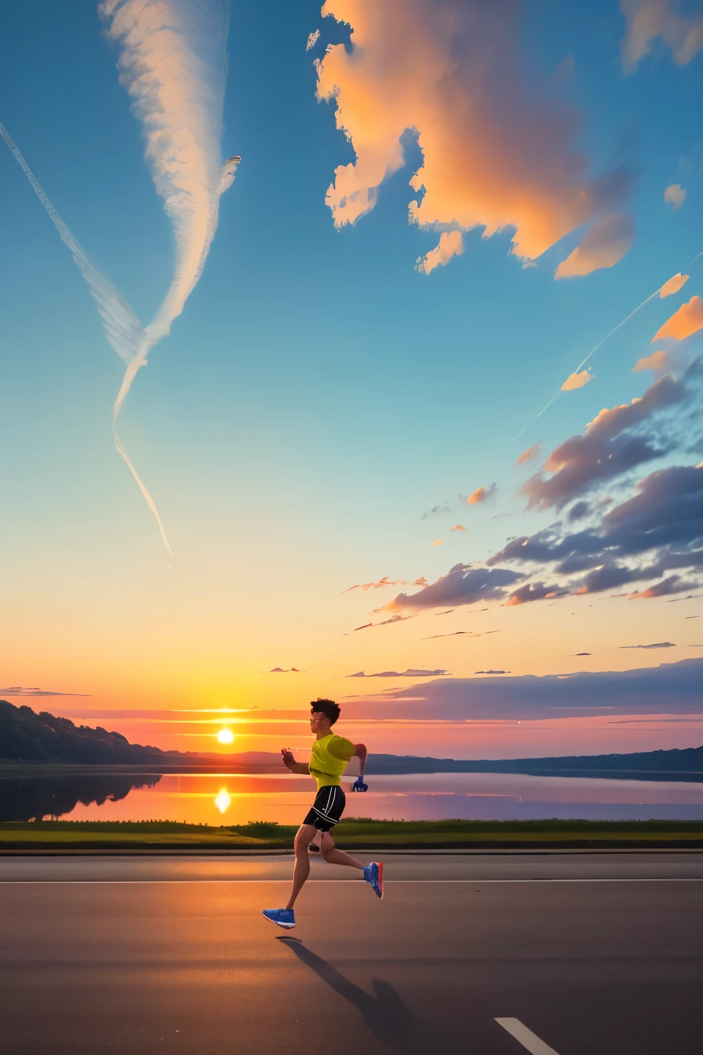 A scene of sunrise, birds are seemed to be very small while flying, there is a lake which can be seen from a distance and on seeing you can hardly see a boy wearing track-suit. He is jogging while listening to music during this beautiful sunrise