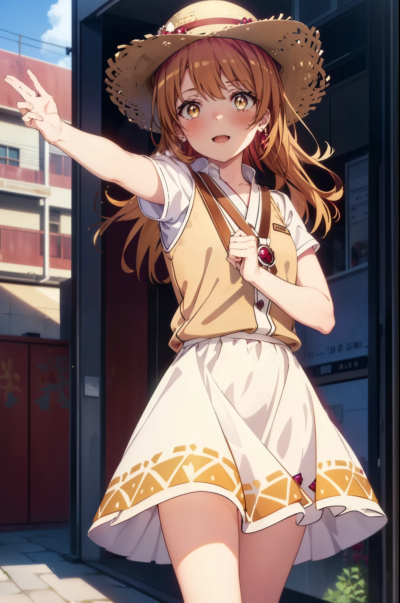 irohaisshiki, Isshiki Iroha, long hair, light brown hair, (Brown ruby eyes:1.5), White long skirt integrated dress,Cute Sandals,straw hat,happy smile, smile, open your mouth,daytime,Clear skies,looking down from top to bottom,whole bodyがイラストに入るように,
break outdoors ,building street,In town,
break looking at viewer,whole body,(cowboy shot:1. 1)
break (masterpiece:1.2), highest quality, High resolution, unity 8k wallpaper, (shape:0.8), (beautiful and detailed eyes:1.6), highly detailed face, perfect lighting, Very detailed CG, (perfect hands, perfect anatomy),