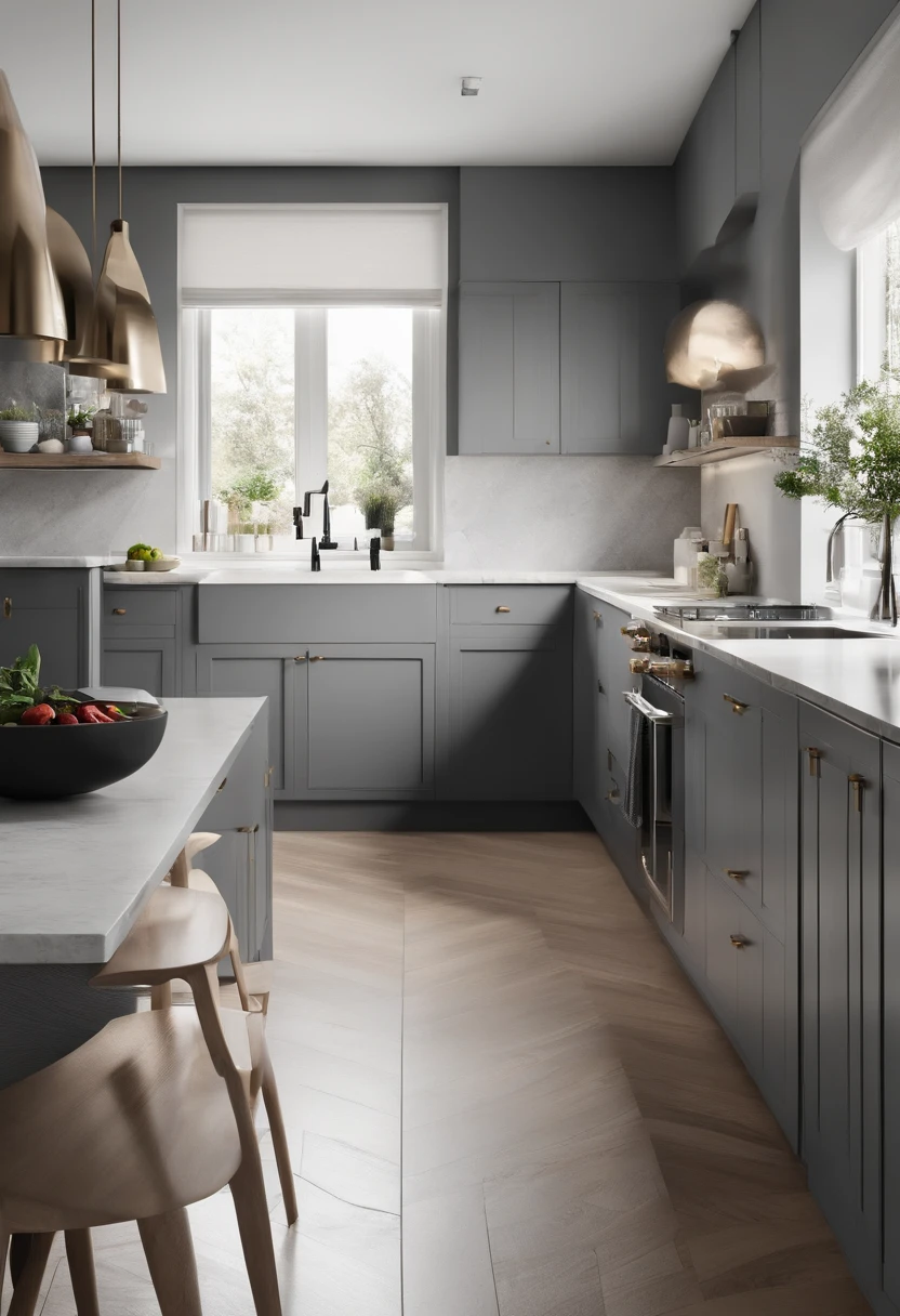 Sala y cocina americana estilo minimalista en tonos blanco y grises