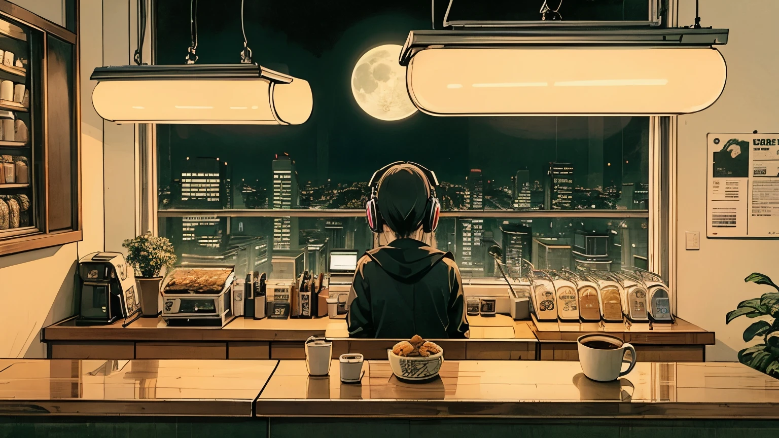 1 girl, 90s anime style, night, coffee shop, moon, Girl with headphones, late night カフェのカウンター席, listen to music alone, city pop, low quality, Lo-Fi, Chill, late night, Stylish cafe counter seats, dark room, futuristic night view outside the window, dark room