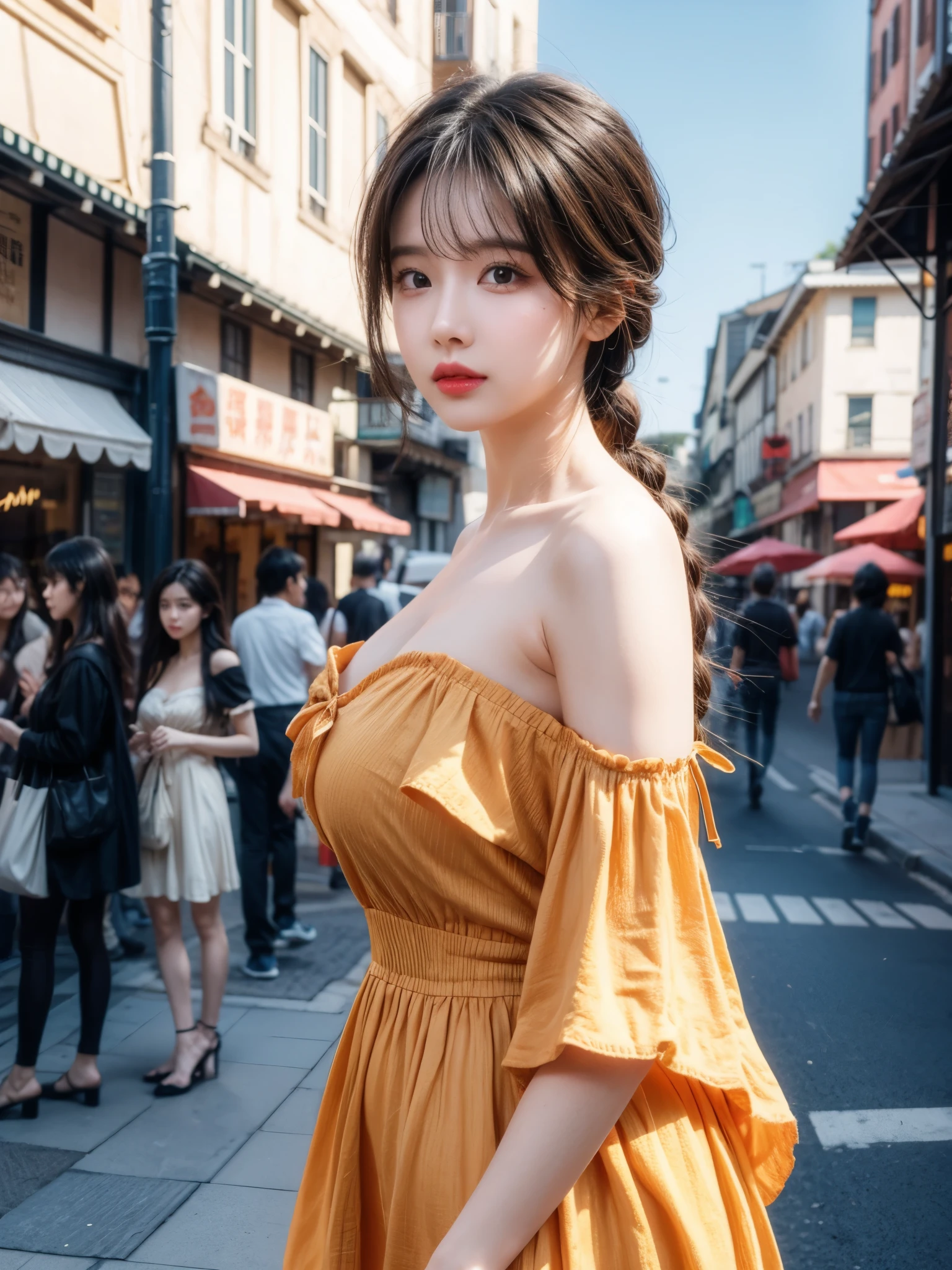 a woman posing on the street corner with orange dress on, best quality, 1 girl, Big breasts, sky, bright, blurred background, Bokeh, outdoor, (street:0.8), (people, crowd:0.8), (off shoulder dress:1.2), Gorgeous, (braid bangs:1.2), 美丽细致的sky空, (dynamic poses:1.2), soft light, Wind, shiny skin, (Upper body:0.8), (freckle:0.8), There is a mole under the mouth, 