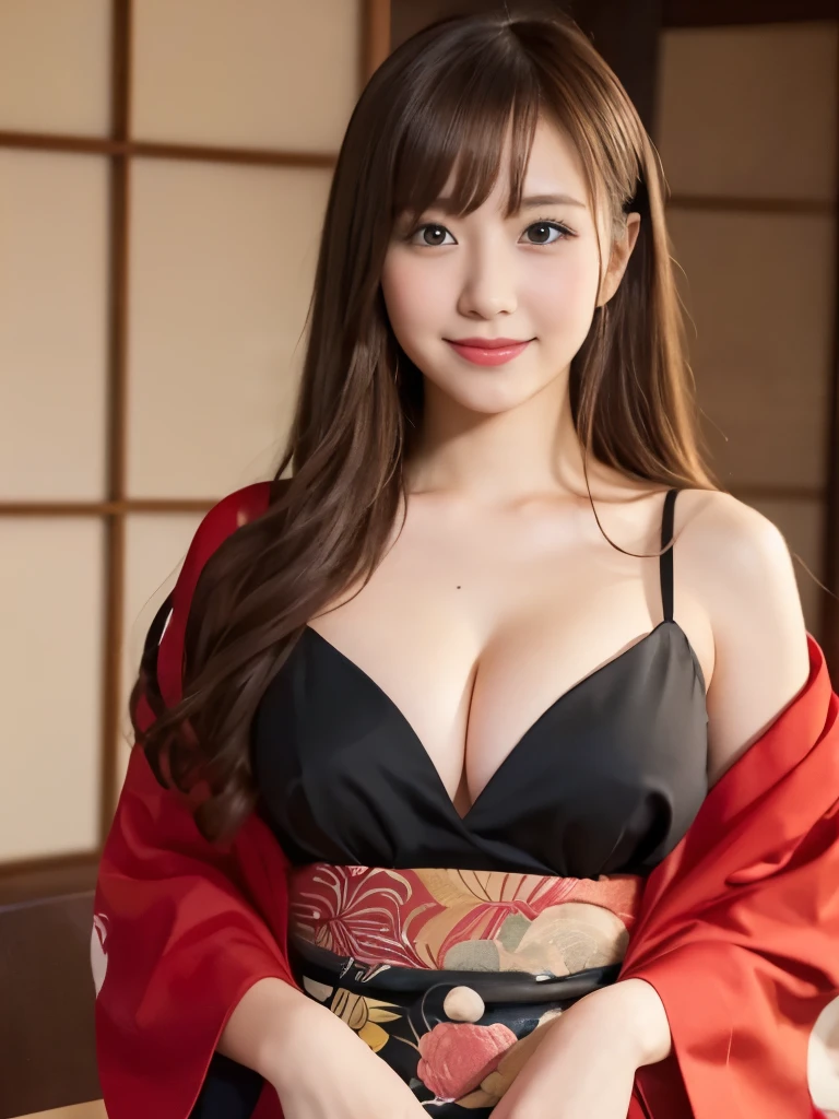 A beautiful Japanese shy girl, age 20 years old, light honey long hair, brown eyes, shiny lip, shiny hair and shiny body, big breasts, wearing red and black Japanese Kimono dress, in Japanese restaurant, light shine in, ecstatic expression, Photo with blurred background