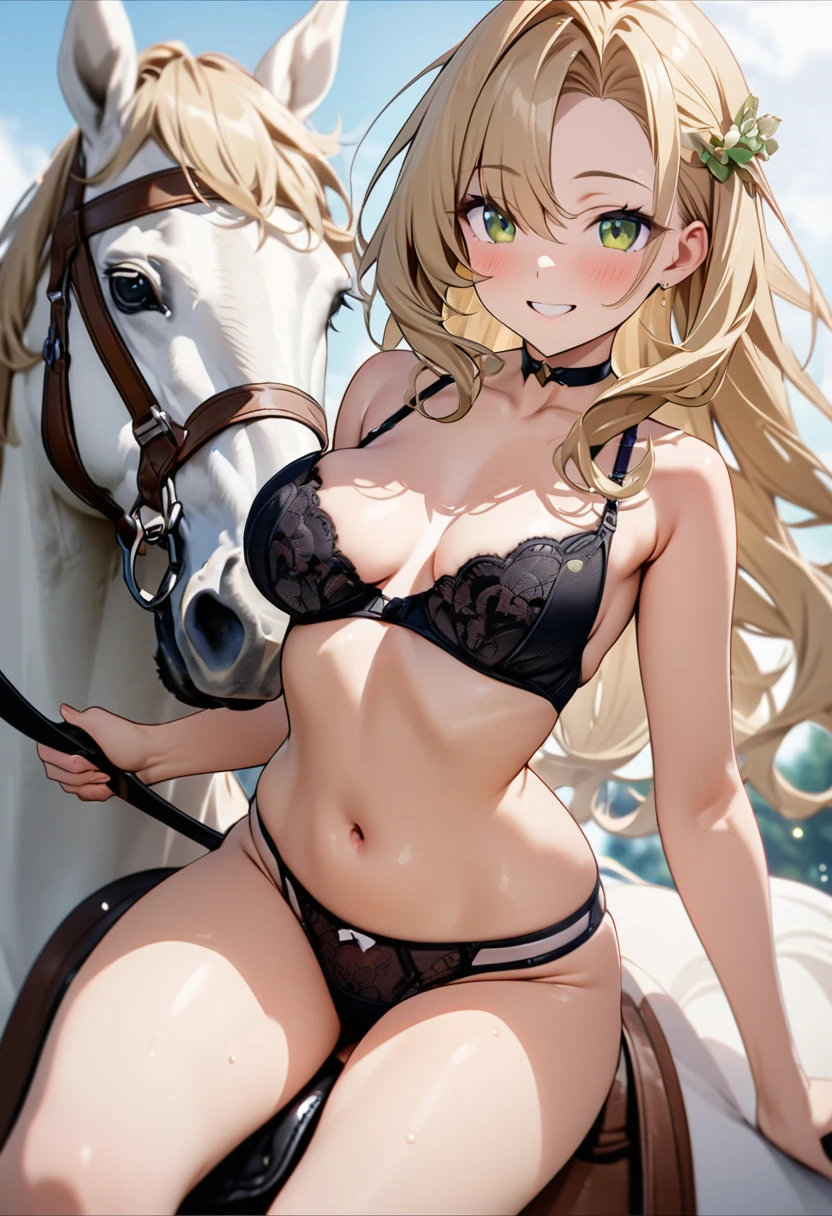 High resolution, high quality, high definition image, 8k1 girl solo.Eclair Seaetto.riding on a white horse,smile、show bra, show panties