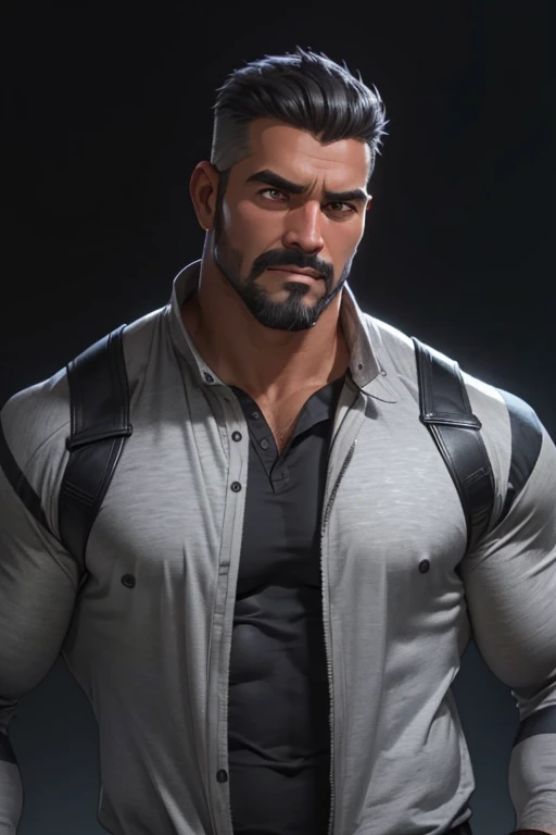 Masterpiece, Best Quality, Ultra Detailed, 1man, mature male, muscular, hunk, bara, jock, beef, black skin, black, taned skin, latino, 36 years old, black hair, grizzly hair, goatee, overcut hair, looking at the viewer, serious expression, gray shirt, half body shot, sci-fi background