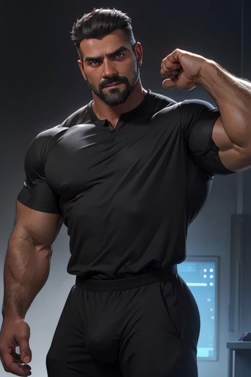 Masterpiece, Best Quality, Ultra Detailed, 1man, mature male, muscular, hunk, bara, jock, beef, black skin, black, taned skin, latino, 36 years old, black hair, grizzly hair, goatee, overcut hair, looking at the viewer, serious expression, gray shirt, half body shot, sci-fi background