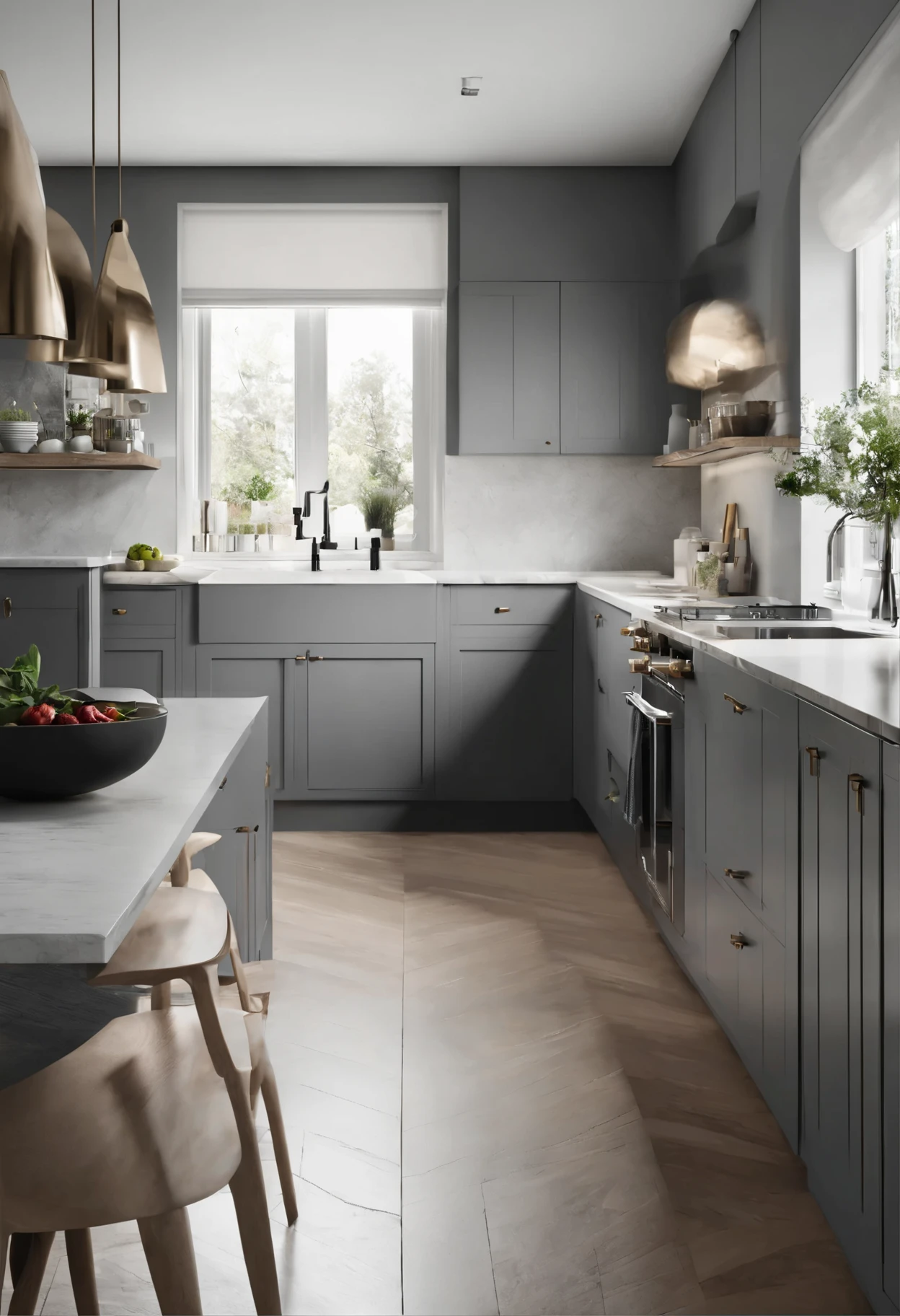 Sala y cocina americana estilo minimalista en tonos blanco y grises