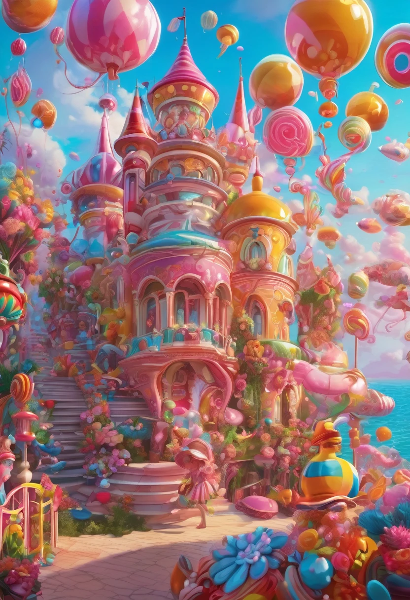 1girl, Candyland, aesthetic, (best quality, highres), ultra-detailed, (realistic:1.37), vibrant colors, candy-themed, dreamlike, enchanting, whimsical, sunlit, joyful, playful, sugary attire, magical, enticing aroma, candy castle, candy river, cotton candy clouds, lollipops, candy cane columns, sugar sculptures, gumdrop boats, candy fish, vibrant flowers, cheerful musicians