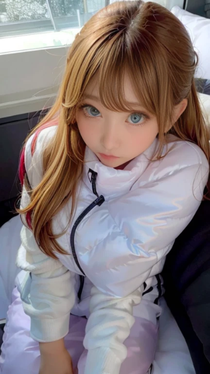 bright look、photorealism、full body painting、highest quality、超A high resolution、picture、北欧生まれの非常にbeautiful少女の写真、extraordinary beautiful girl、可愛くてbeautiful顔の詳細、(Pueros face_V1:0.008)、beautiful bangs、alice in wonderland、16 years old、Radiant, fair, glowing skin、facial hair、Bangs that extend to the face、bangs between eyes、super long hair、Glamorous bright natural platinum blonde super long straight silky hair、high resolution eyes、beautiful, Bright and clear, Big light blue eyes shine charmingly、(white astrovest):10、eyeliner、double eyelid、rich bust、Going to bed、lie on your back、sprawl、sleep on your side、lying on one's back