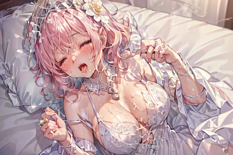 ultra-detailed、(8k, RAW photo, best quality, masterpiece:1.2), (extremely detailed 8k wallpaper),professional lighting,sharp focus, depth of field、nfws,((((head shot,Depict only the chest and above)))),((((美しいflower嫁)))),(((Pink fluffy short bob、rainbow colored curl hair、curly hair)))、(((full white wedding dress))),(((lace veil、lace shawl、tiara、necklace))),(((Complete Five Fingers))),(((Ring on the ring finger of the left hand))),((((missionary position,bukkake)))),(((((Cheers and shows armpits))))),(((A lot of milk splashes on her face and chest))),((lie in bed、pillow)),(((look up、lean back)),(((Sweat))),((((blush)))),(((very embarrassed))),((((close your eyes and yawn、open your mouth and scream)))),(((Steam from the mouth))),flower、(clavicle)、((luxury bed)),(((night))),(Correct number of upper limbs、Correct number of lower limbs、Correct number of fingers、Correct number of toes)、(((Up and down motion effect)))
