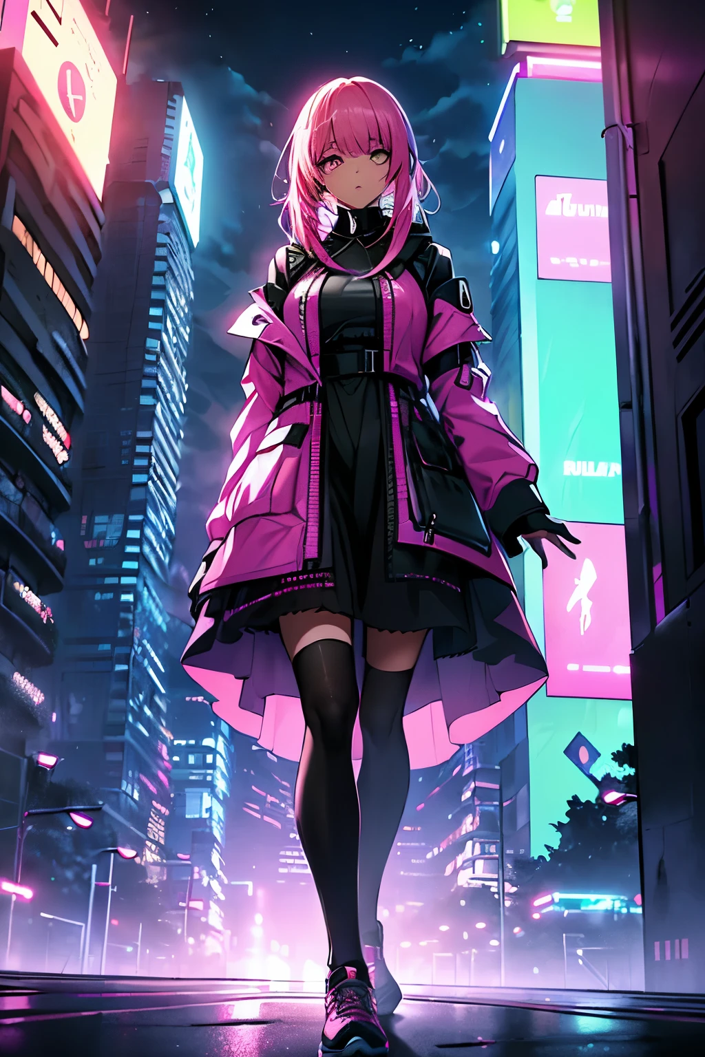 anime, (obra de arte, melhor qualidade, ultra-detalhado, alto contraste), 1 mulher (Sozinho, corpo todo, corpo plus size, standing on the edge of the skyscraper, cabelo prateado, CABELO LONGO E FLUXO, olhos vermelhos brilhantes de rubi, (vestido preto, black cybernetics with neon pink), meias pretas transparentes), (skyscraper roof, com vista para uma cidade, fundo detalhado ((night time, darkness, low light pollution)))