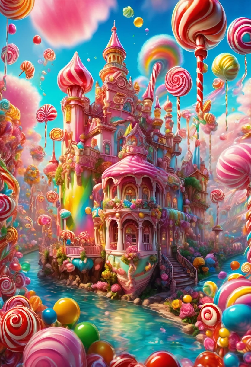 1girl, Candyland, aesthetic, (best quality, highres), ultra-detailed, (realistic:1.37), vibrant colors, candy-themed, dreamlike, enchanting, whimsical, sunlit, joyful, playful, sugary attire, magical, enticing aroma, candy castle, candy river, cotton candy clouds, lollipops, candy cane columns, sugar sculptures, gumdrop boats, candy fish, vibrant flowers, cheerful musicians