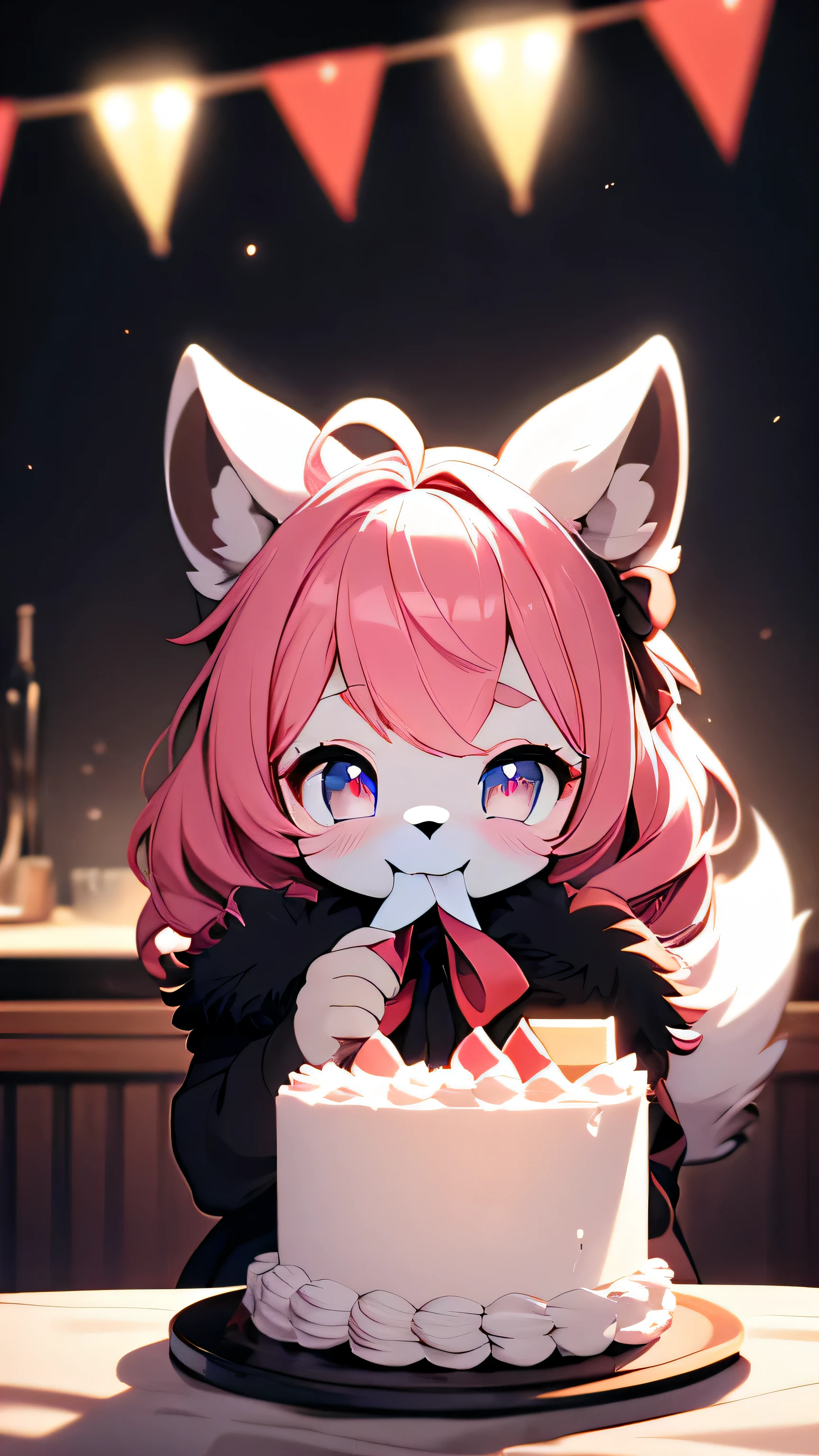 furry boy,superfine fur,Room,Ribbon,Blushed,Smile,Wolf,Body red,Red hair,The eyes are gray,A bit of a dark circle,With black bow,white belly,The tip of the tail is white,Palm White,Eating cake,looking at the audience