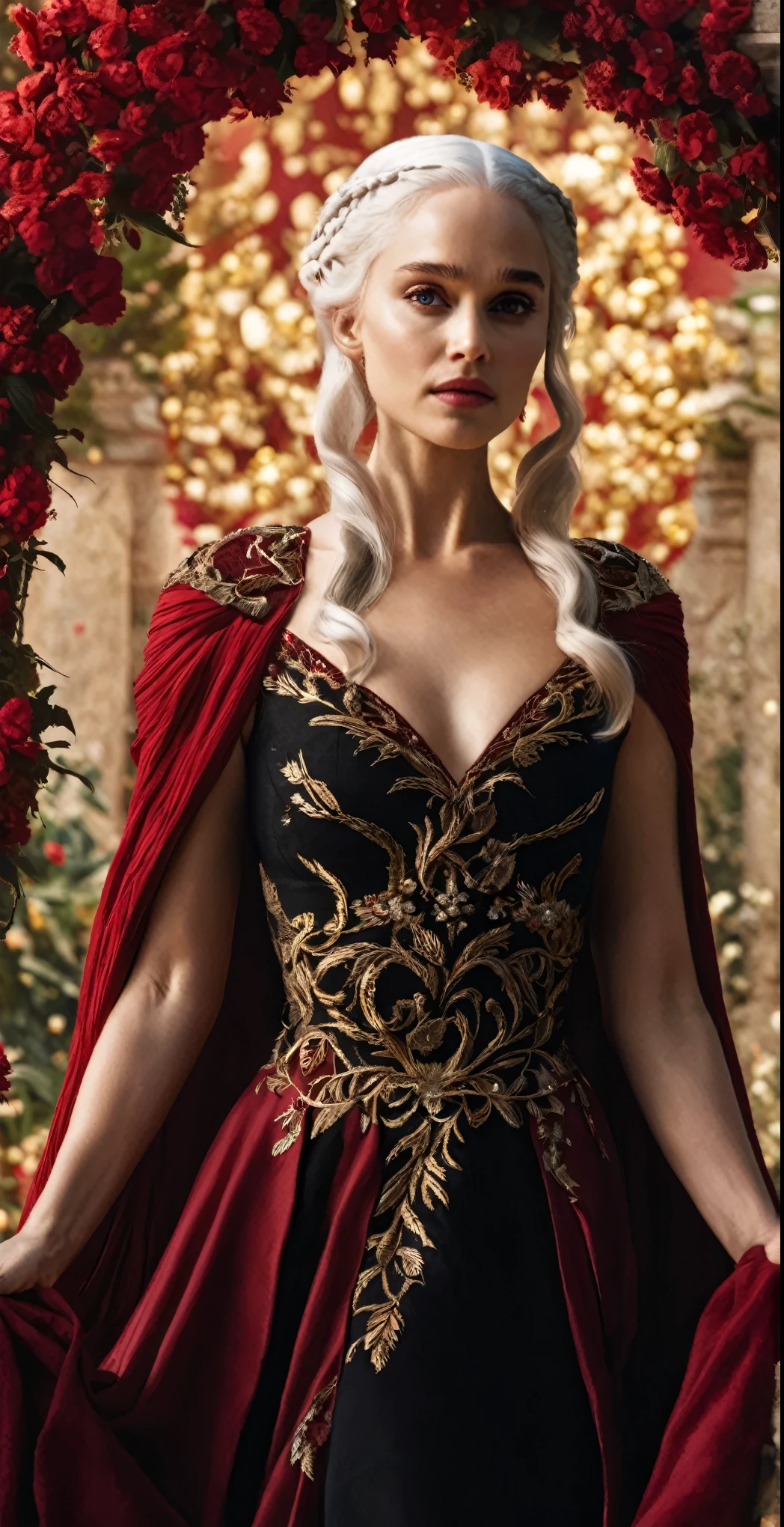 fantasy, princess Targaryen, full-length, garden, girl, with white hair, face looks like Daenerys|Natalie Portman, in a red and black dress embroidered with gold threads of rubies and diamonds with her eyes open, hd