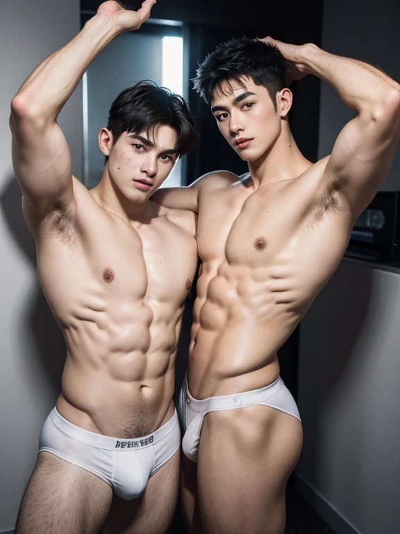 2 boys，20-year-old，good looking , One sniffing the other&#39;s armpit, muscle tissue，sexy and excited，khd, bulge，Wear white briefs, A lot of armpit hair, Tibia,  masterpiece，8K，Upper body， tremble，full body figure, middle hair, gay, Sweat